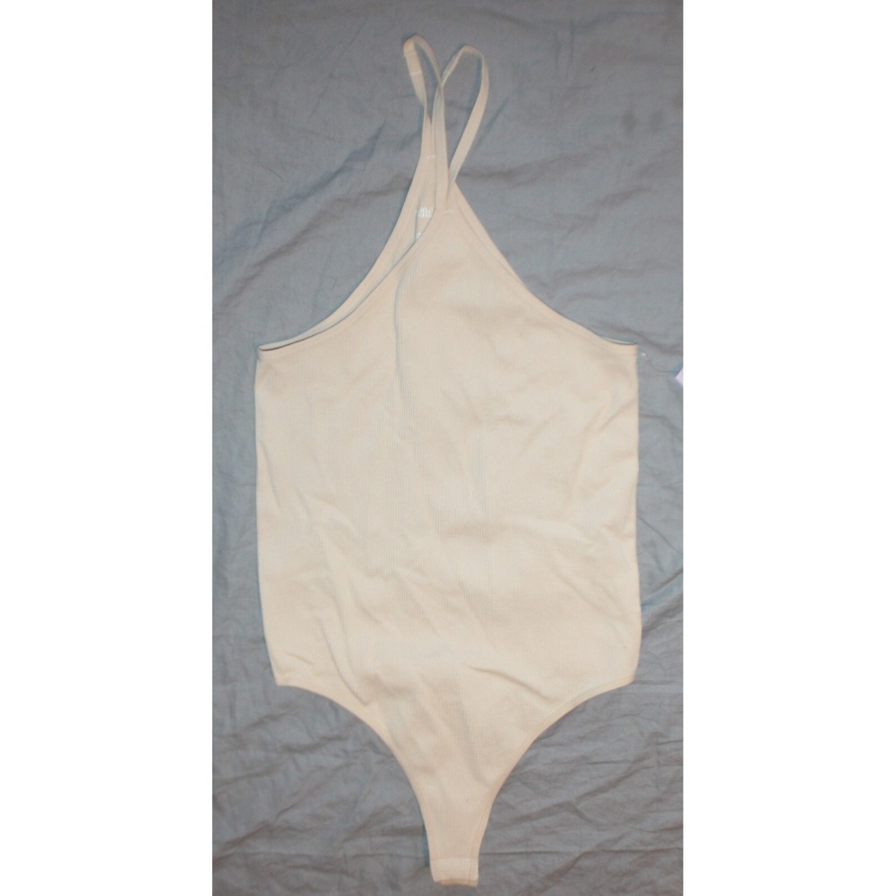 Wild Fable women's Bodysuit Seamless ribbed high triangle neck Beige size M NEW